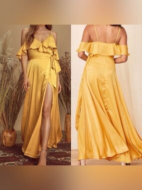 LULUS Moriah Mustard Yellow Ruffle Wrap Maxi Dress Womens MEDIUM NEW NWT